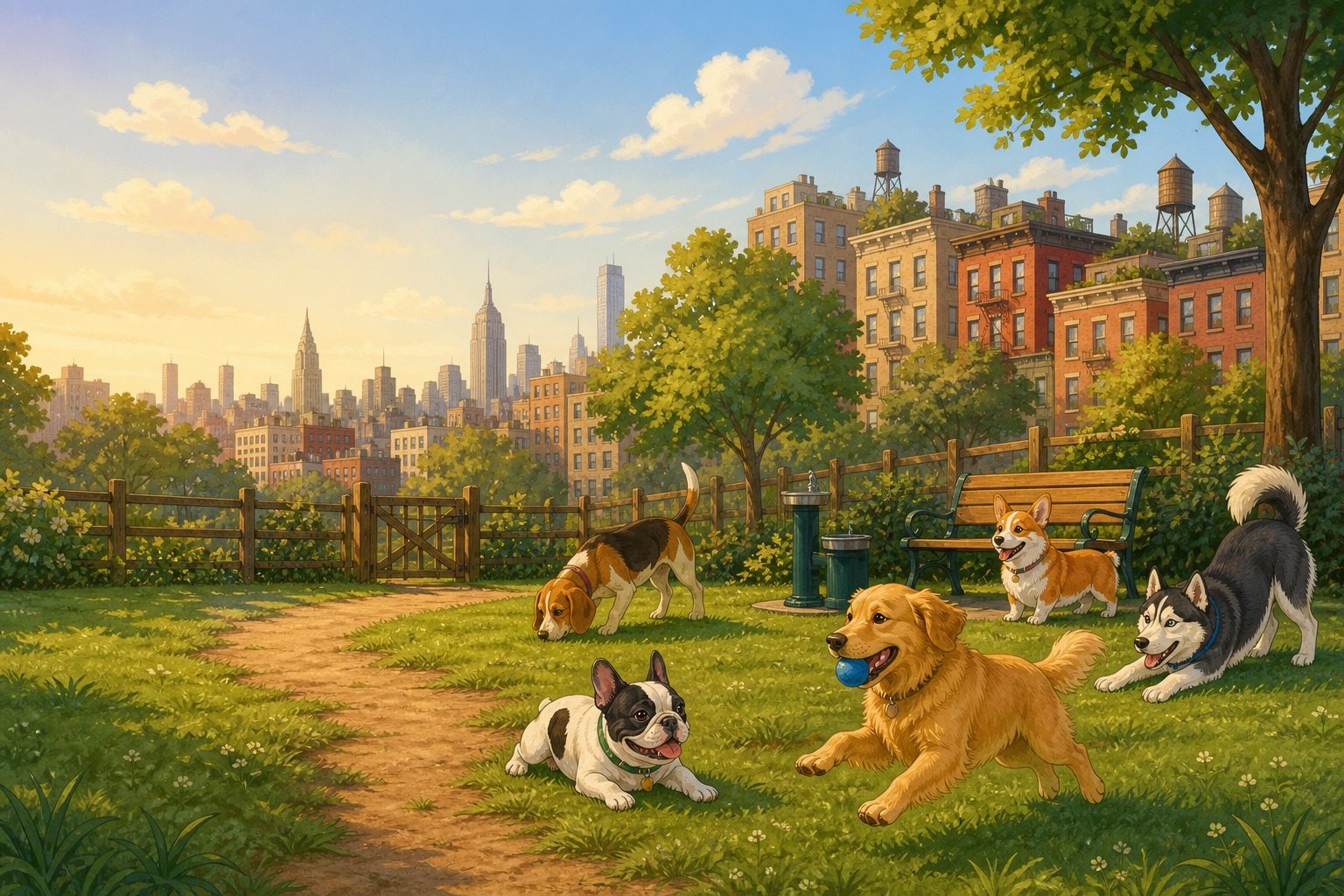 Cartoon dogs playing in a sunny city dog park with a skyline behind them