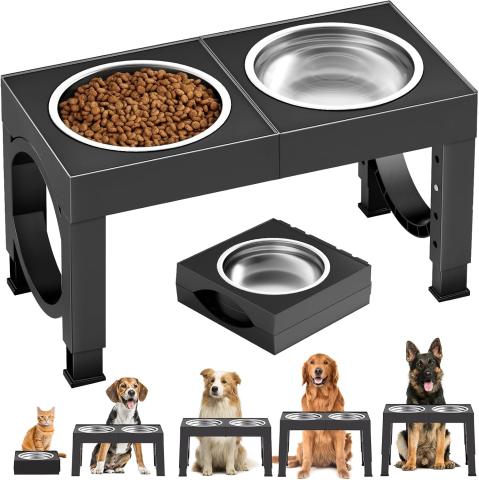 XIAZ Elevated Dog Bowls (5-Height Adjustable, Black)